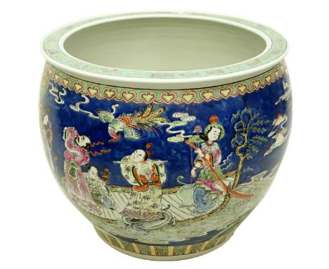 Large 20th Century Chinese Porcelain Fish Bowl with Immortal Figures. Apocryphal Qianlong mark to base. Measures 18" H, 22" W