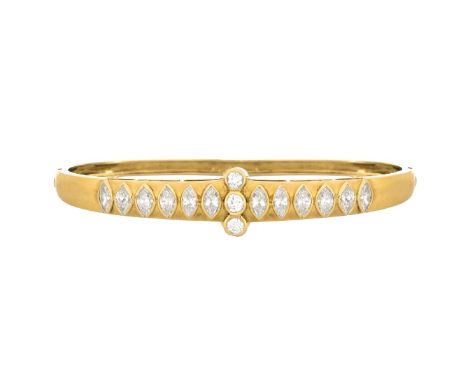 Contemporary 3.50 Carat TW Marquise and Round Brilliant Cut Diamond and 14 Karat Yellow Gold Hinged Bangle Bracelet. Diamonds