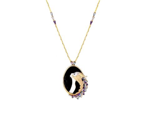Erte Limited Edition 14 Karat Yellow Gold, Diamond, Blue Topaz, Amethyst, Black Onyx and Mother of Pearl Pendant Necklace. Si