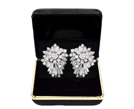 Vintage European 19.0 Carat Round Brilliant, Marquise and Tapered Baguette Cut Diamond and Platinum Earrings. Diamonds D-E-F 