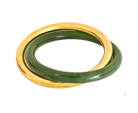 Vintage Tiffany &amp; Co Interlocking 18 Karat Yellow Gold and Jadeite Jade Bangle Bracelets. Gold bangle stamped T&amp;Co 18