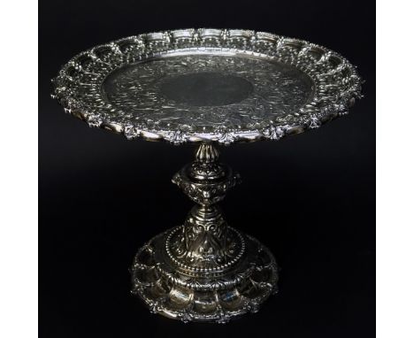 1864 R. Garrard Maker English Silver Tazza. Scalloed circular shallow bowl over a knopped post with mascarons and resting on 