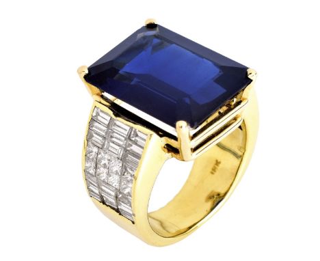 AGL Certified 17.25 carat Rectangular Cut Sapphire, 3.0 Carat Princess and Baguette Cut Diamond and 14 Karat Yellow Gold Ring