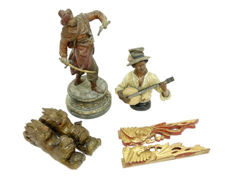 Grouping of Six (6) Vintage Figures and Carvings. Includes: spelter orientalist figural sculpture, plaster figural banjo play