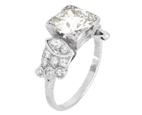 Art Deco 2.85 Carat Diamond and Platinum Engagement Ring. Set in the Center with a 2.10 Carat Old European Cut Diamond J Colo