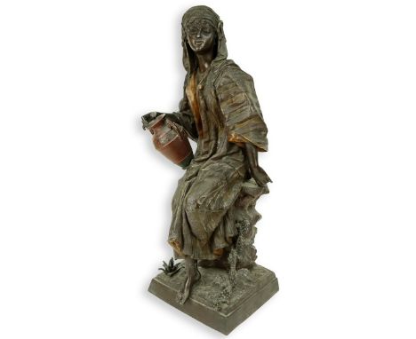Antique French Polychrome Spelter Orientalist Rebecca at the Well Figures. Unsigned. Measures 30-1/2" H. Condition: Rubbing, 