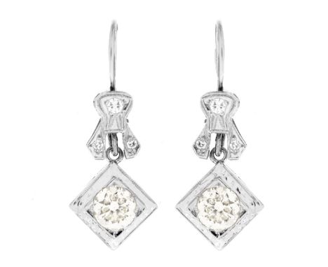 Antique European Cut Diamond and 14 Karat White Gold Pendant Earrings each set with an Approx. 1.0 Carat Diamond J-K color, V