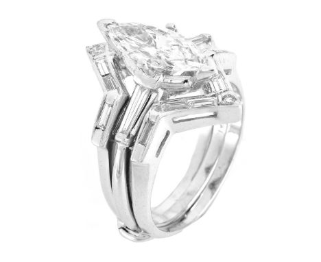 2.36 Carat Diamond, Platinum and 14 Karat White Gold Engagement Ring Set Including a 1.21 Carat Marquise Cut Diamond and Plat