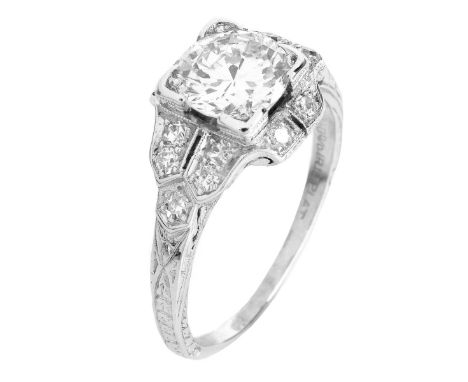 Art Deco 1.30 Carat TW Old European Cut Diamond and Platinum Ring. Set in the Center with a 1.05 Carat Old European Cut Diamo