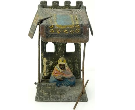 Antique Bergmann Style Polychrome Spelter Orientalist Lamp. Unsigned. Measures 9-5/8" H x 5-1/4" W. Condition: Rubbing, wear,