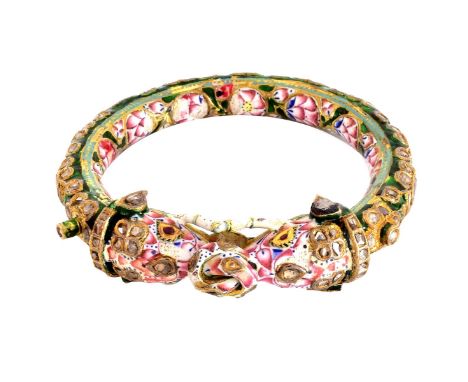 Vintage Mughal style Heavy 18 Karat Yellow Gold and Enamel Bangle Bracelet with Rose Cut Diamond. Unsigned. Measures 3/4" W, 