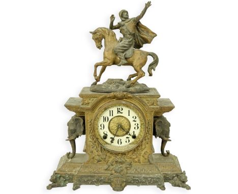 Antique Gilt Spelter Orientalist Figural Mantle Clock. Arabic numerals dial, elephants figures flanked at the sides with Bedo