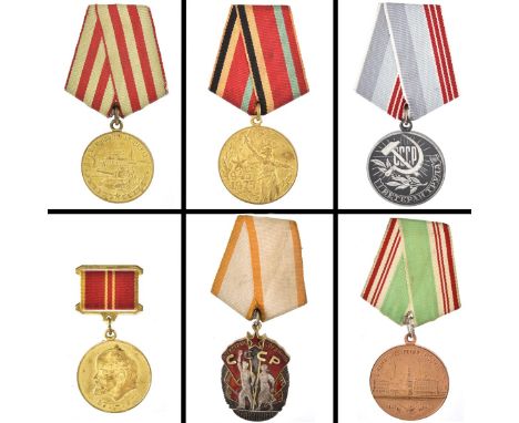 Collection of Six (6) Soviet Era / Russian Medals, One with Enamel. Enamel medal measures 3-3/4" L, 1-3/4" W. Condition: Good