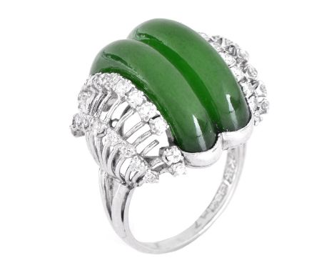 GIA and Mason Kay Certified Retro Arch Shape Natural "A" JadeiteJade, Diamond and Platinum Ring. Jade measures 17.30 x 4.60mm