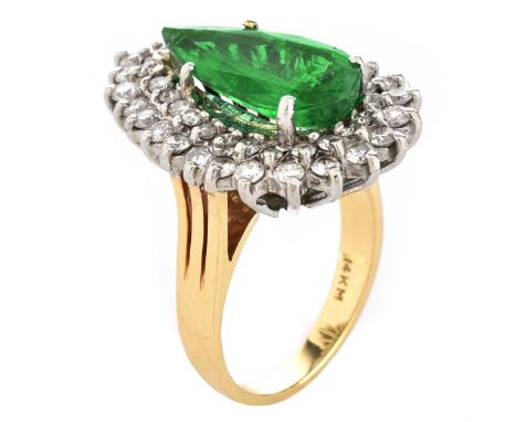 Vintage Pear Shape Emerald, Approx. 2.75 Carat Round Brilliant Cut Diamond and 14 Karat Yellow Gold Ring. Emerald measures 16