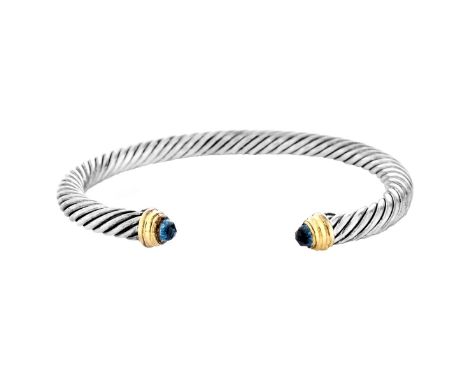 Vintage David Yurman Sterling Silver, 14 Karat Yellow Gold and Blue Topaz Cable Cuff Bangle. Signed, stamped 585, 925. Measur