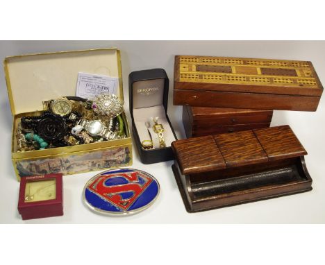 Costume jewellery including rings, necklaces, earrings etc.; a lady's gold plated Sekonda Watch; a large oval Superman belt b