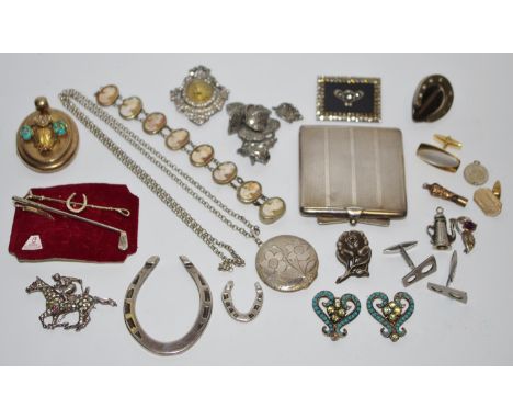 A silver compact, engine turned, Birmingham, 1937 68.7g; silver circular locket, silver belcher chain, 23.1g gross; a Sterlin