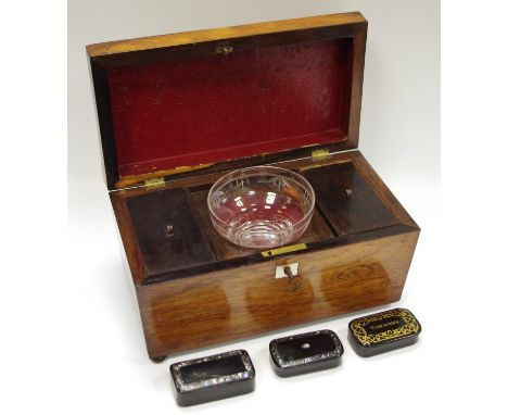 A Victorian rosewood sarcophagus tea caddy  and three black lacquered snuff boxes 