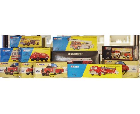 A Minichamps Magirus 6500S Fire Engine, 1954, inner packing, pictorial card box;  Corgi Classics including No.52101 Long Beac