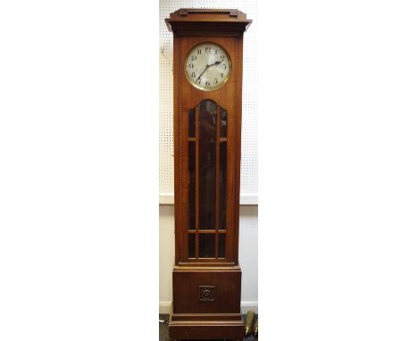 Oak longcase clock, silvered dial, Arabic numerals, glazed door to waist. 