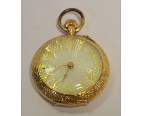 A 14k gold continental lady's pocket watch, patterned pearlescent dial, gold Arabic numerals, metal dust cover, 21g gross 