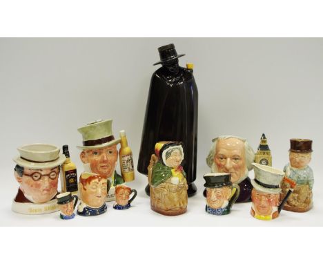 Advertising - a Pickwick Deluxe whisky flask, sealed with contents; others, Royal Doulton Sandeman flask, Jim Beam character 