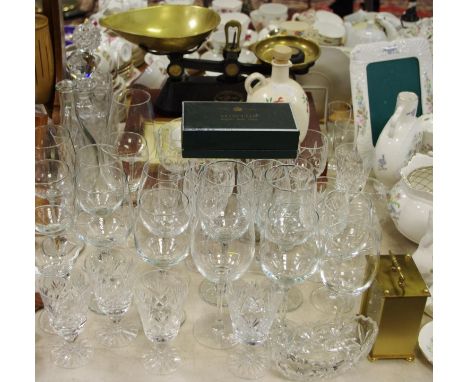 A wooden canteen case; Viking brass and cast iron counterbalance kitchen weighing scales; Tutbury cut lead glass wine glasses