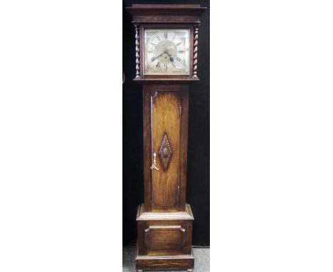 An early 20th century oak glazed longcase clock, brass dial, roman numerals, 18th century style case, Westminster chiming 8 d