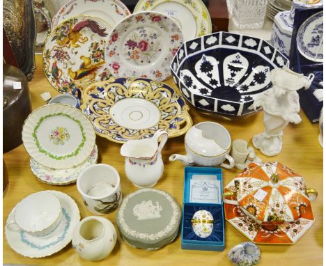 A Royal Crown Derby hexagonal bowl, second;  an Old Avesbury plate;  a reproduction Bilston enamel egg, boxed;  a Wedgwood ei