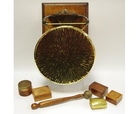 Boxes and Objects - an Edwardian Art Nouveau brass dinner gong, bronzed wall hanging bracket, a brass patch box, travelling i