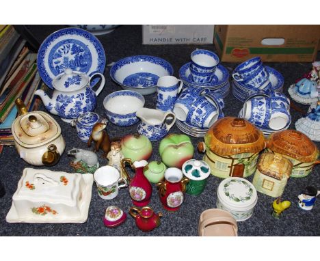 Decorative ceramics - a Beswick otter; a Beswick Beneagles miniature Badger flask; Cottage ware; Willow pattern blue and whit