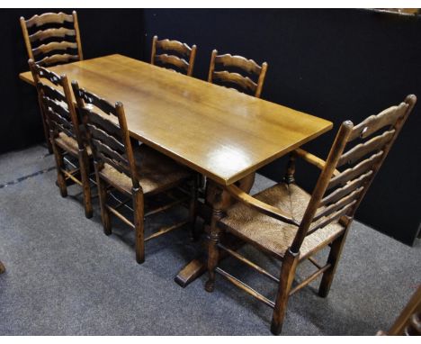 A Titchmarch and Goodwin oak rectory dining suite, refectory table six chairs, rectangular table 183cm x 81cm, pair of ladder