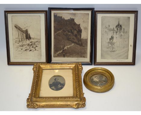 Picture and Prints - H J Wells, a Trio, Bridge, Monument and Coastal view, engravings, others Daguerreotype portrait etc (5) 