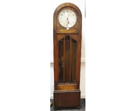 Oak longcase clock, dome top, silvered dial, Arabic numerals. 