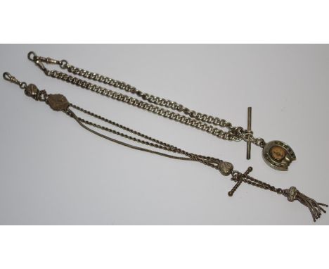 An Edwardian silver Albert chain, double drop suspension, horse shoe compass terminal, T-Bar centre; another fancy link white