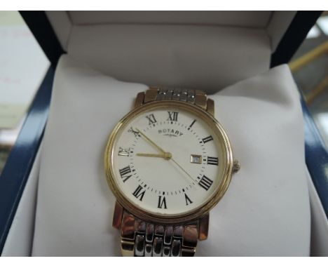 A gents quartz wrist watch by Rotary having Roman numeral dial and date aperture to circular face on a gold and silver plated