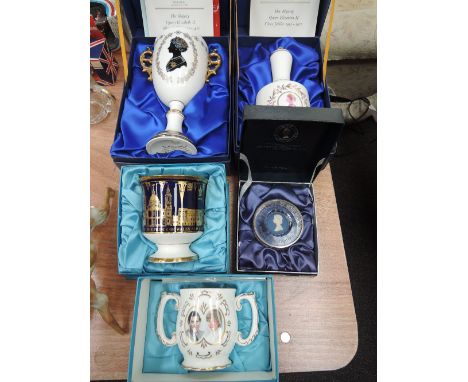 Four boxed Cooaport ceramic commemorative tankards and bells etc. and Wedgwood paperweight