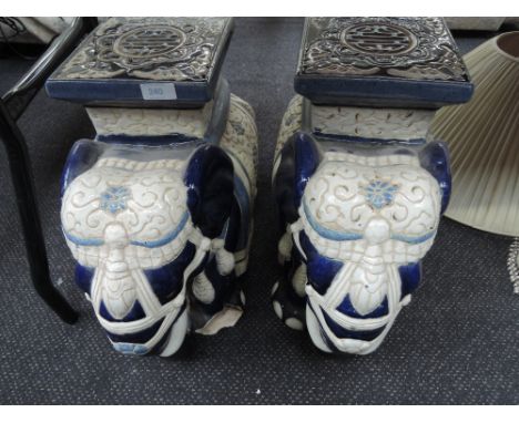 A pair of ceramic bench elephants, one A/F