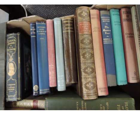 A box of volume including Graham Sutton , 'Fleming of Honister', 'The Rowen Tree' and 'Shepherds Warning', R D Blackmores 'Lo
