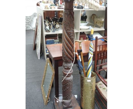 A vintage carved mahogany column/tester pillar mounted as a standard lamp