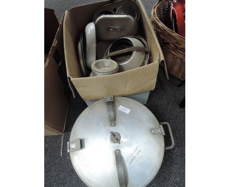A box of stainless steel and enamel kitchenalia
