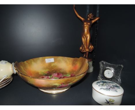 A Royal Winton bowl , deco figurine, Edinburgh crystal clock and Royal Worcester pin dish