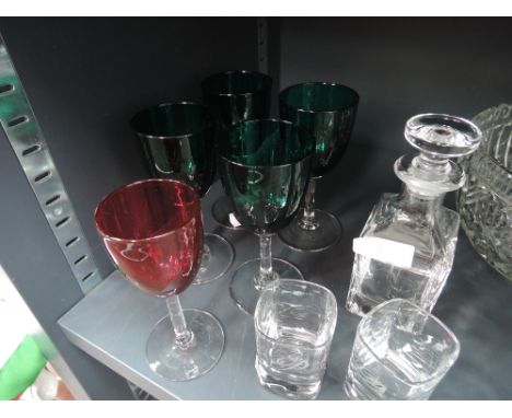 A selection of glass ware including coloured wine glasses, small decanter and two glasses and cut glass bowl