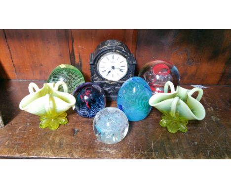 Aynsley clock, assorted paperweights etc.