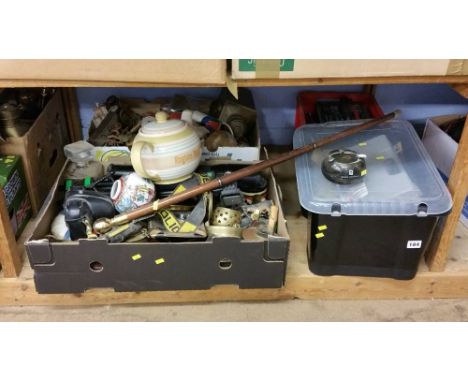 Shelf of assorted including brassware etc.