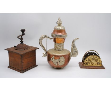 An Eastern copper and SCM kettle, with ornate dragon motifs, along with a French 'Japy Frères et Cie' coffee grinder and a br