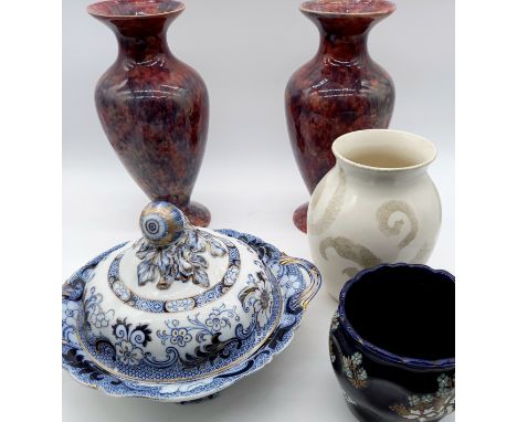 A pair of Burslem pottery multi-colour glaze baluster vases, 30cm high, Poole pottery vase etc.