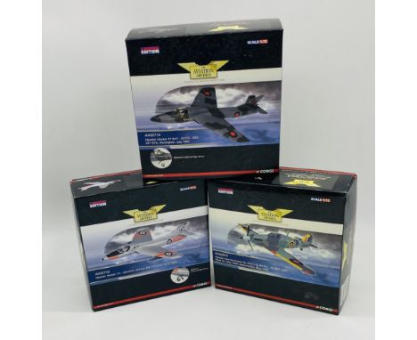 Three boxed limited edition Corgi "The Aviation Archive" detailed die-cast model military planes (1:72 Scale) including Hawke