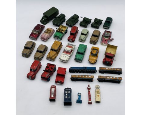 A collection of playworn vintage die-cast vehicles including a jeep, LNER locomotive & three coaches, military vehicles (tank